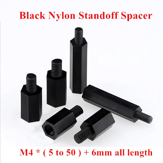 100pcs M4*6/8/10/12/15/18/20/25/30/35/40+6mm Black Nylon Standoff Spacer Male female Column Plastic Spacing Screws Thread 6mm