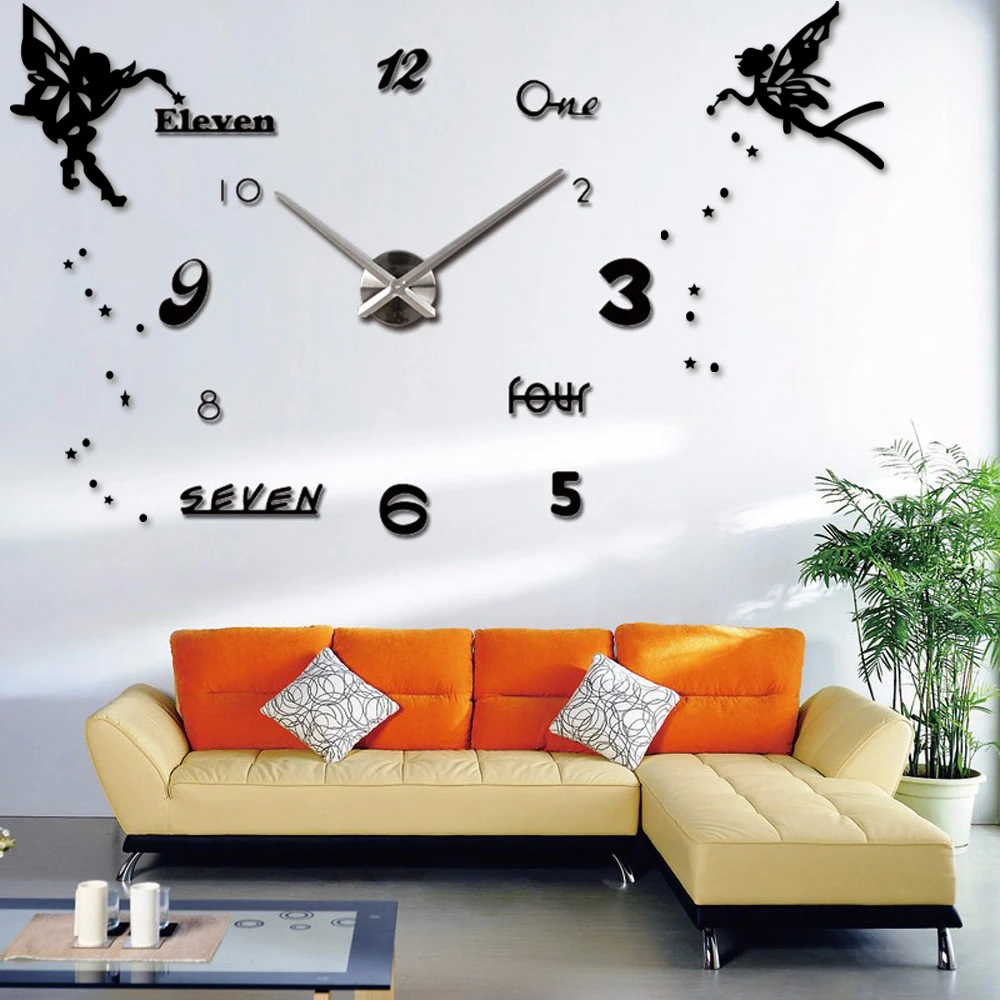 

3D DIY Digital Wall Clock Acrylic Mirror Large Clock Angel Wall Sticker Oversize Kitchen Hanging Wall Clocks