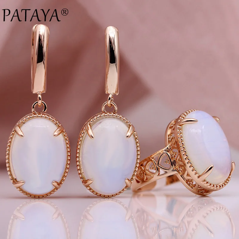 PATAYA New Moonstone Natural Stone Sets Women Wedding Hollow Fine Fashion Jewelry Set 585 Rose Gold Color Long Earrings Rings