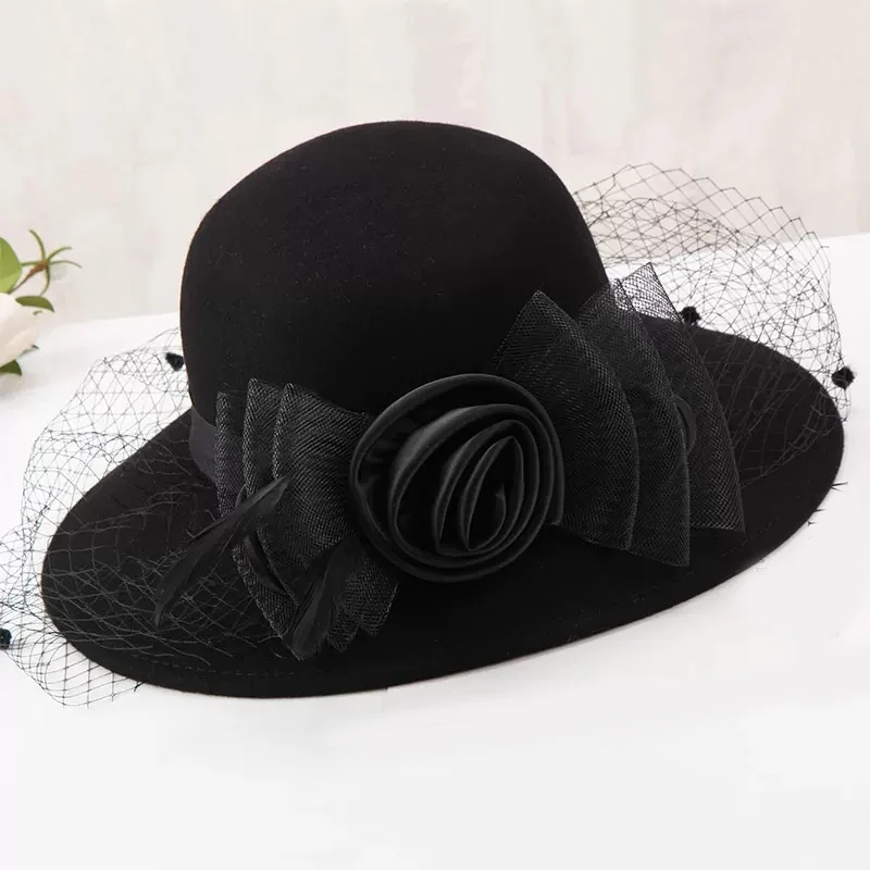 2019 Elegant Women Wool Felt Fedora Wide Brim Hat Cloche Bowler Autumn Winter Church Hats Chapeau Femme Caps Wine Red Black