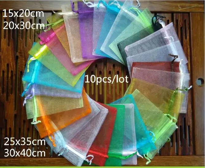 10pcs 15x20 20x30 25x35 30x40cm Organza Bag Jewelry Packaging Bags Wedding Party Display Drawable Christmas Gift bags & Pouches