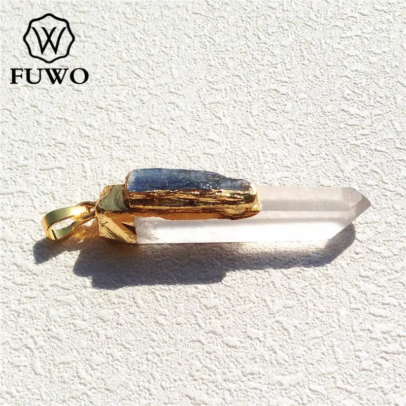 FUWO Wholesale Natural Crystal Quartz Point Pendant With Kyanite Charm,Golden Plated Stone Accessory For Jewelry Make 5Pcs PD038