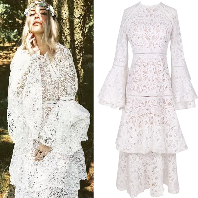 

S-2XL High quality new fashion solid color lace sexy trumpet sleeve cake dress exquisite slim temperament woman clothes