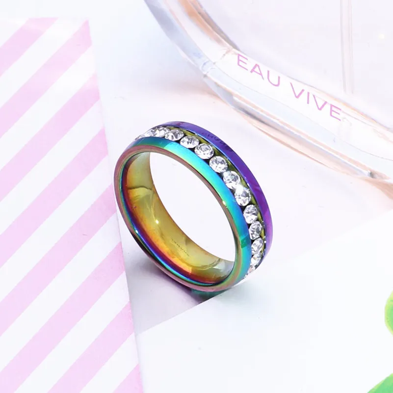 Classic Men Women Rainbow Colorful Crystal CZ Ring 316 Titanium Steel Wedding Band Ring Width 4mm Size 5-13 Gift