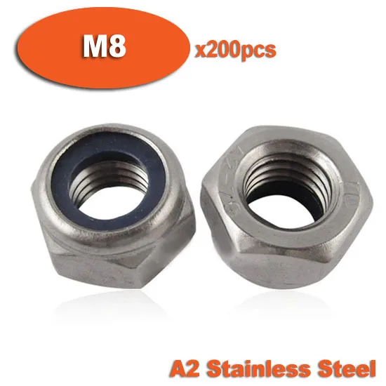 

200pcs DIN985 M8 Stainless Steel Nylon Insert Hex Lock Nuts A2 Hexagon Nyloc Self Locking Nut