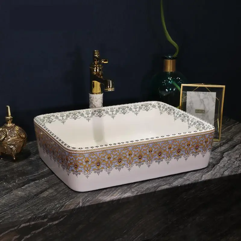 

Rectangular basin bath wash basin art basin artistic basin gold pattern bathroom sinks bowl ceramic