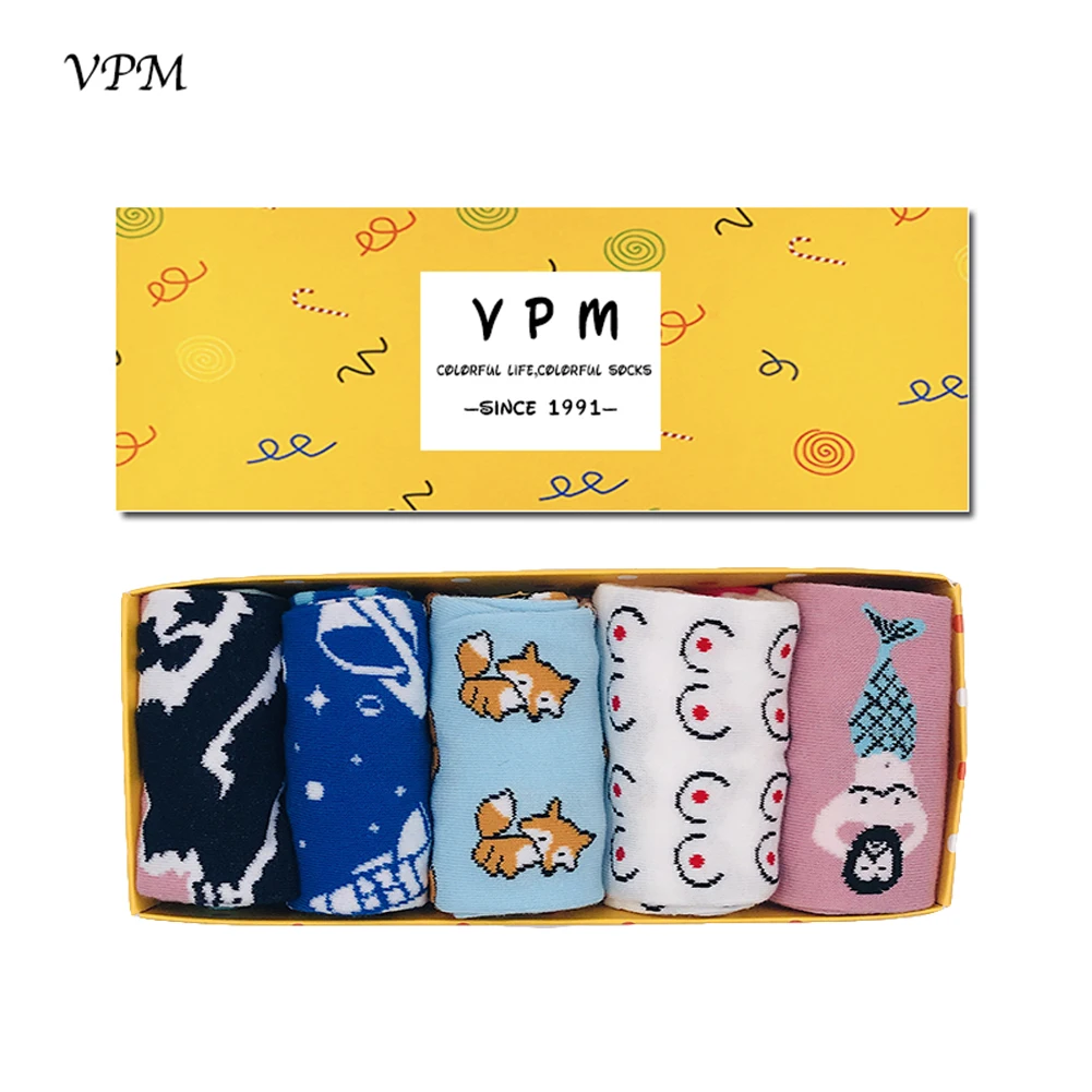 VPM Women's Causal Socks Colorful Harajuku Funny Mount Fuji Beauty Yuan Universe Breast Fox Christmas Sock for Girl 5 Pairs/Lot