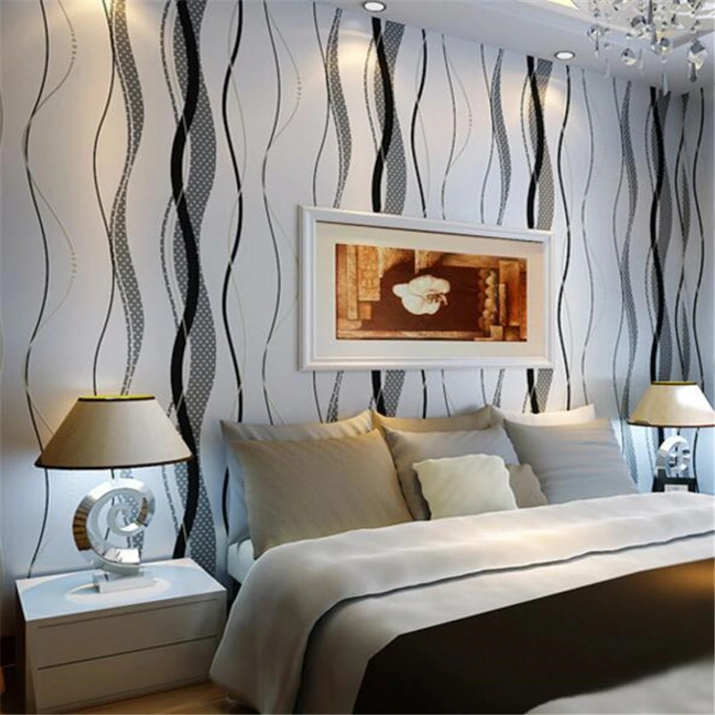 

wellyu Modern minimalist black gray wave pattern non-woven wallpaper bedroom living room TV background wall stripe wallpaper