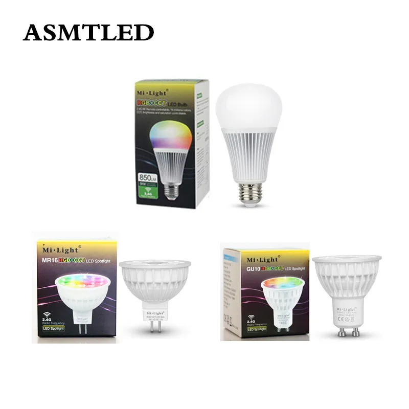 

110V 220V 12V E27 GU10 MR16 RGB + CCT Dimmable Mi Light LED Bulb 2.4G RF Remote / Wireless WiFi Control 4W 9W RGBWW LED Lamp