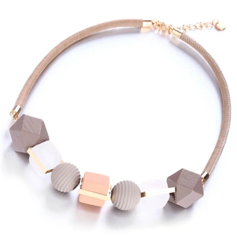 Colored Wood Round Beaded Pendant Necklace Trendy Sweater Chain Geometric Jewelry Accessories for Women цепочка