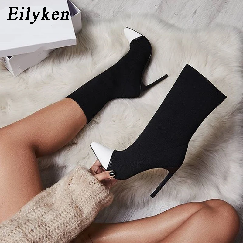 Eilyken Stretch Fabric Short Ankle Boots Women Pointed Toe High Heels Slip On Sexy Sock Zapatillas Mujer