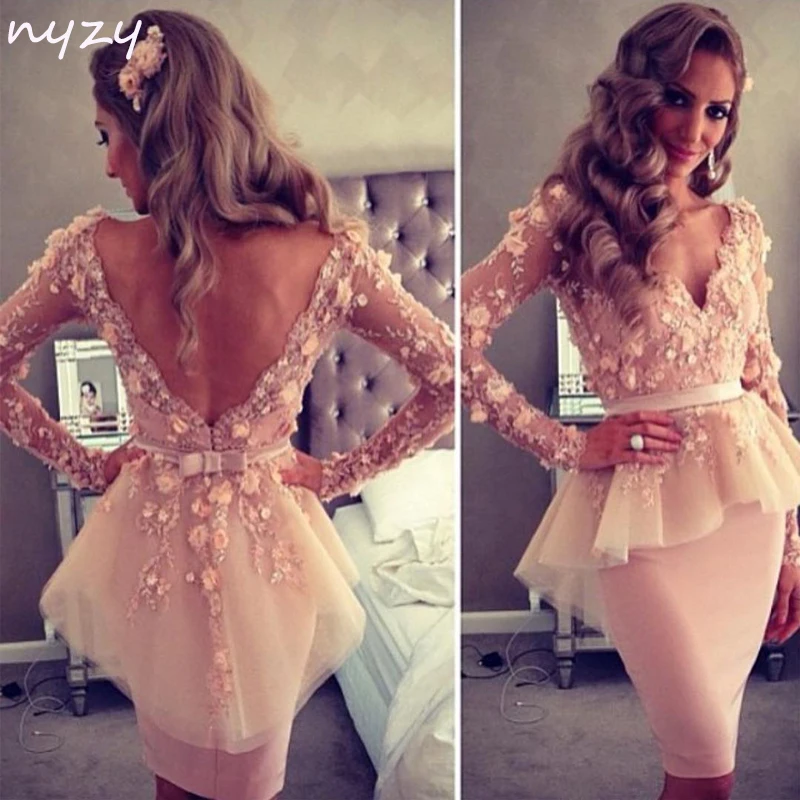 NYZY C14 2019 Elegant Formal Dress Party Homecoming Pearl Pink Tulle V Neck Long Sleeves Rosettes Sexy Backless Cocktail Dresses