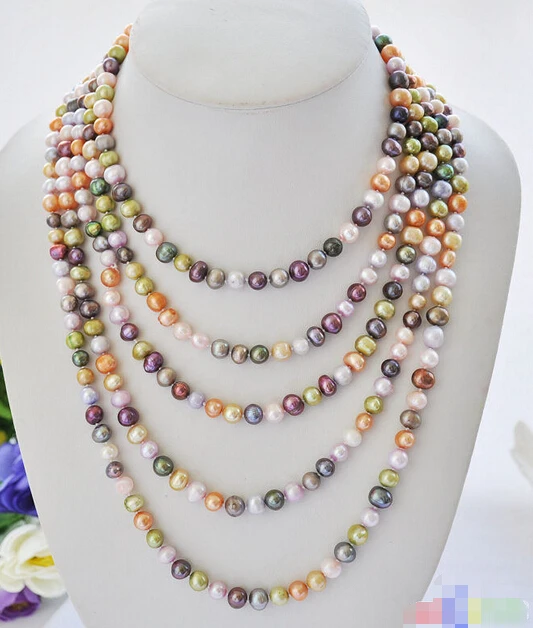 

100" 8mm purple green yellow wine black round freshwater pearl necklace