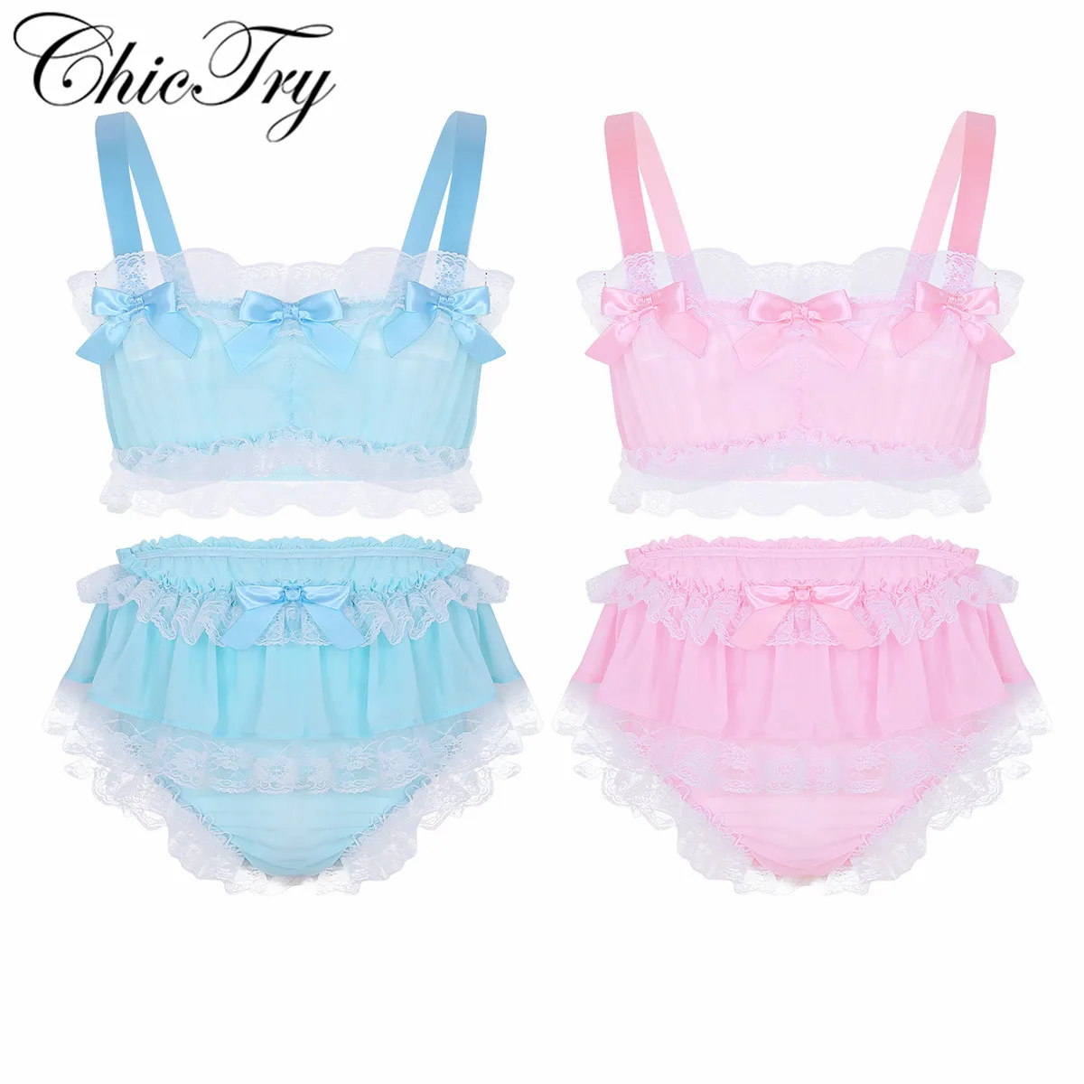 

Gay Male Sexy Sissy Set Men Ruffled Lace Chiffon Lingerie Set Sleeveless Crop Top with Skirted Petticoated Panties for Nightwear