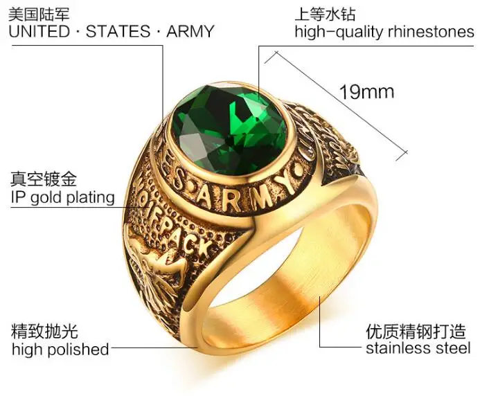 Plated Gold stainless steel Ring Band Large Green zircon Stone 8-12# Unisex Men army Gifts Hip-Hop