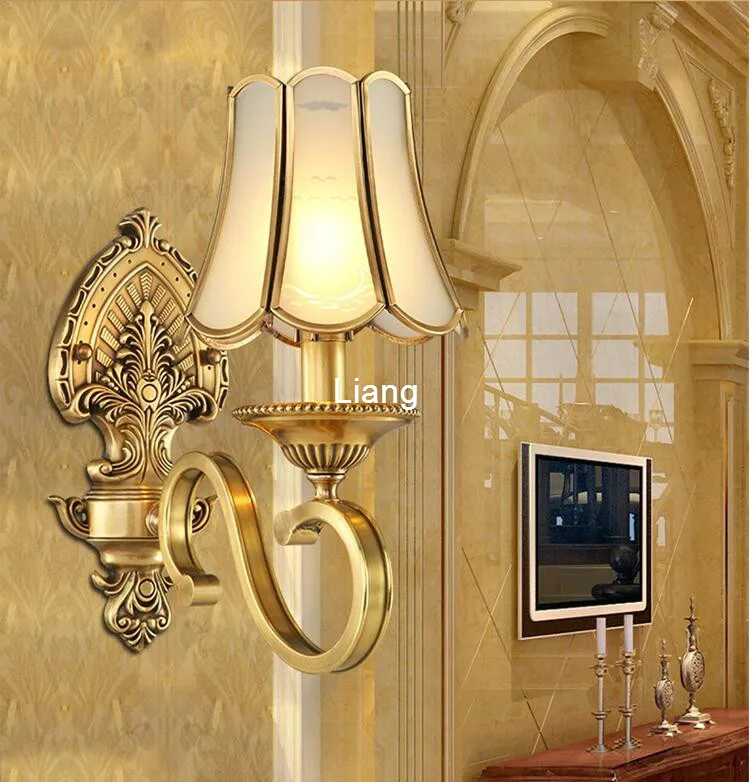 Free Shipping Copper W43cm H38cm Brass American Classical Copper Art Bronze Wall Lamp Brass Glass Wall Sconce AC 100% Guaranteed