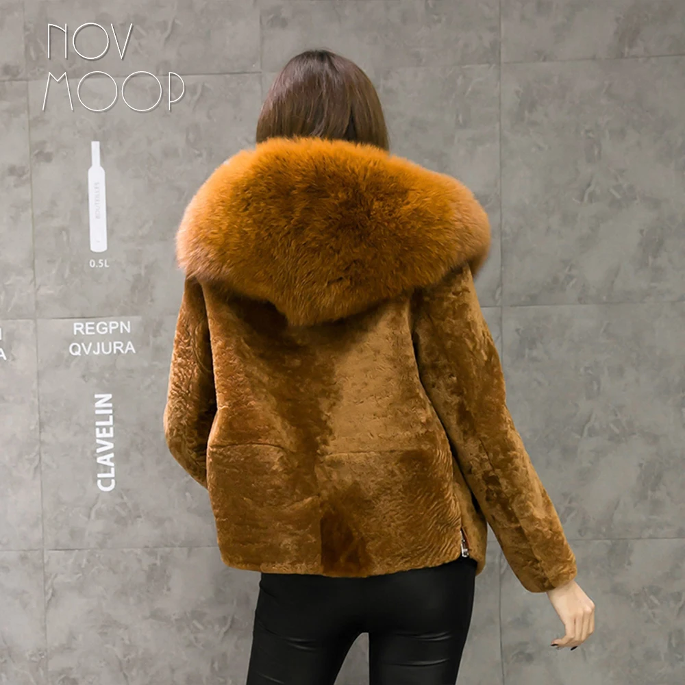 Camel black genuine leather natural sheep shearing wool fur coat women real fox fur hooded lambskin wool jackets cropped LT1896