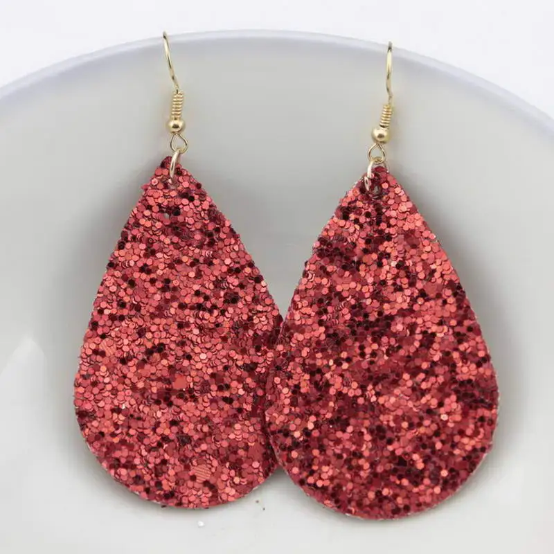 Glitter Teardrop Leather Earrings for Women Faux Leather Water Drop Earrings Wholesale Classic Jewelry