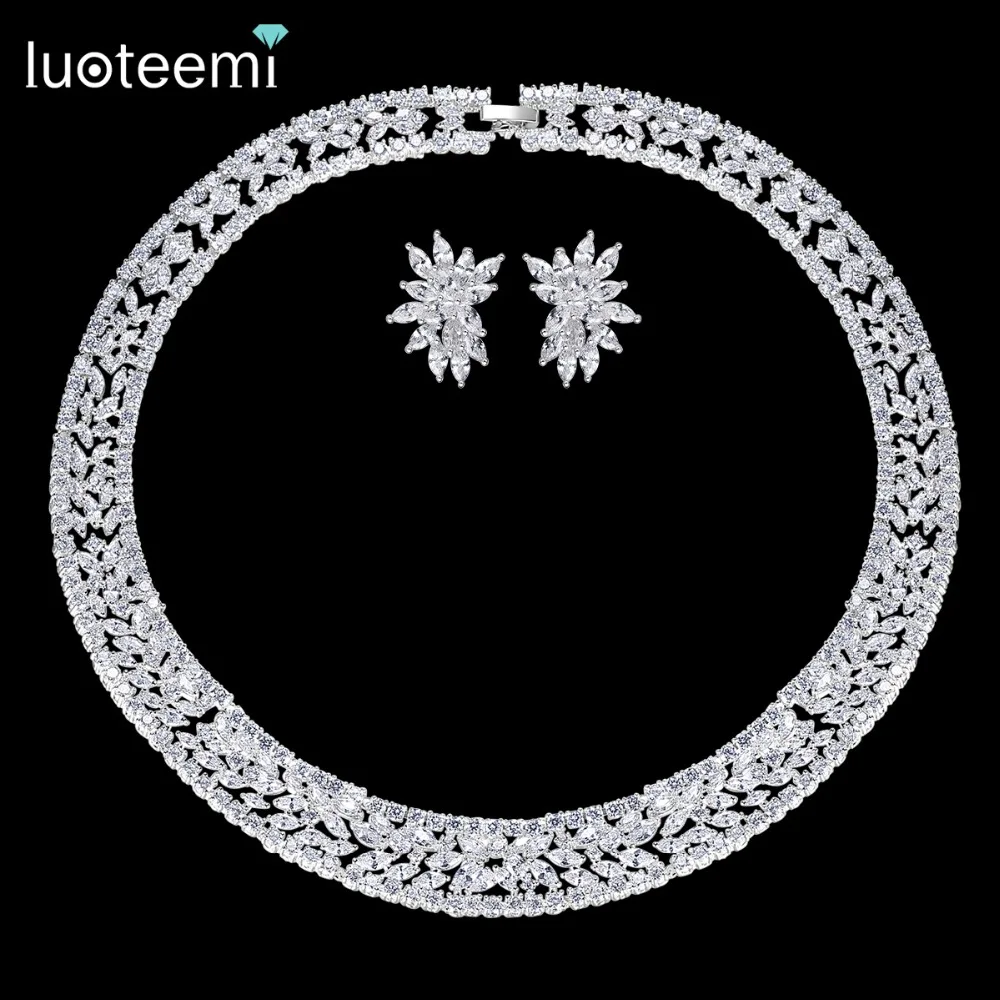 

LUOTEEMI New Luxurious Micro Paved Crystal Cubic Zirconia Flower Earrings Necklace Sets Gorgeous Bridal Wedding Jewelry Sets