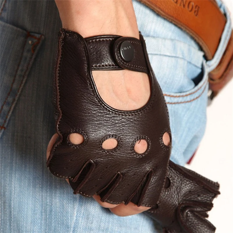 Fashion  Fingerless Men Deerskin Gloves Wrist Half Finger Driving Glove Solid Adult Mittens Real Genuine Leather EM001W-5