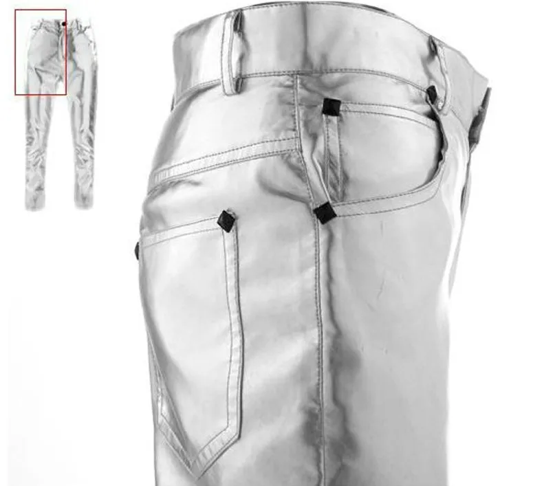 Hot ! Men Fashion Clothes Stage Singer Tight Costume Gold Silver Trousers Punk Leather Pants . Free Shipping / 28-34