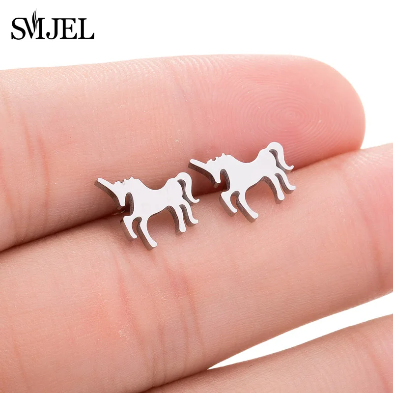 SMJEL Stainless Steel Cute Unicorn Stud Earrings for Women Girls Minimalist Rabbit Castle Fox Butterfly Earings Jewelry