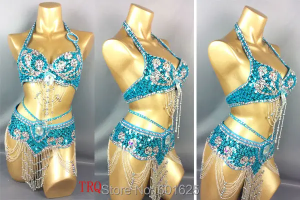 Sexy Samba Rio Carnival Costume For women\'s Handmade Beaded Sequins Belly Dance Costume Set With Turquoise Feather Head piece