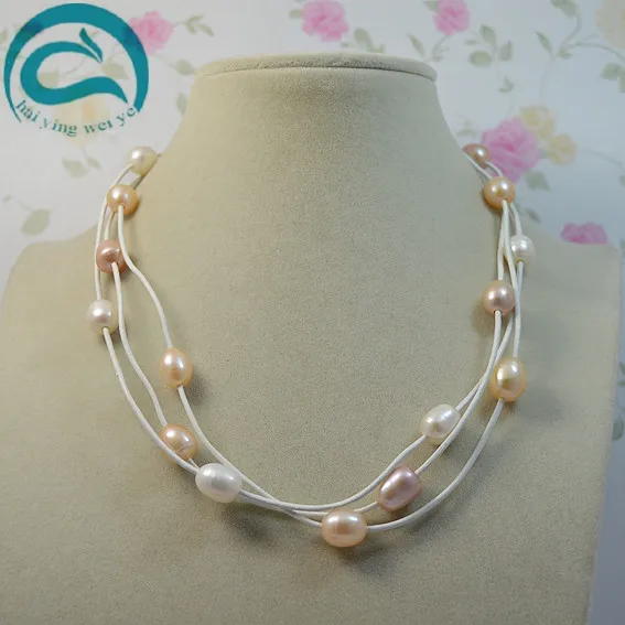 Real Leather Pearl Necklace Natural White Pink Purple AA 10-11MM Freshwater Pearl White Leather Necklace Woman Fine Jewelry