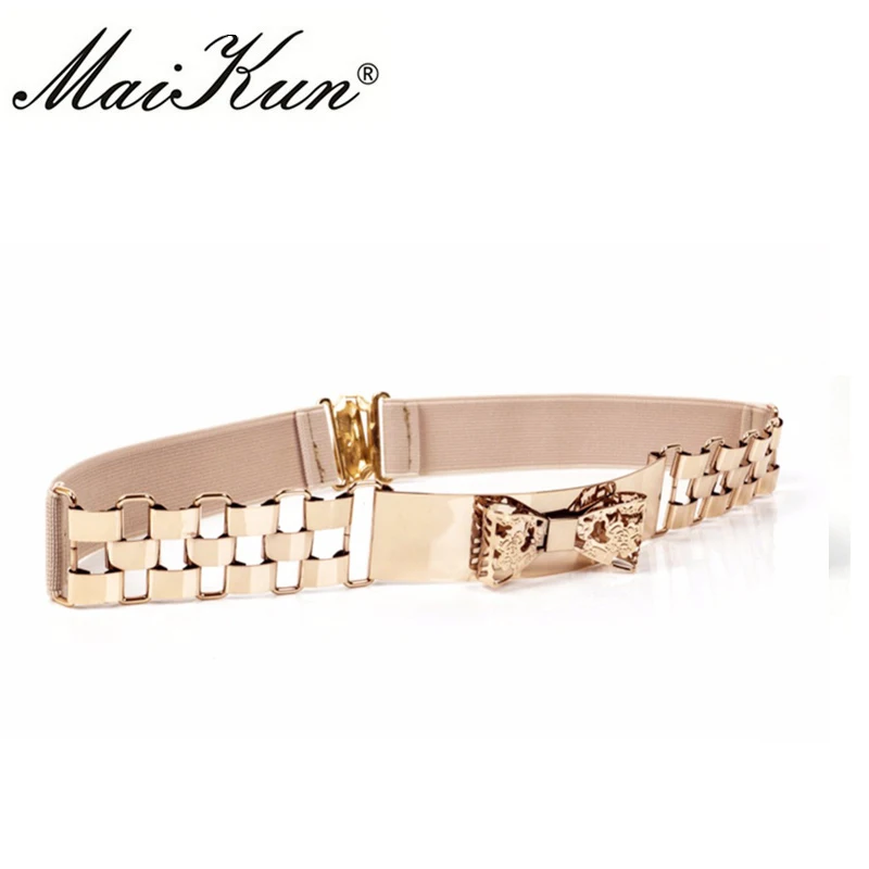 Maikun Elastic Belts for Women Stretchy Chain Bowknot Female Belt Golden Women Belt