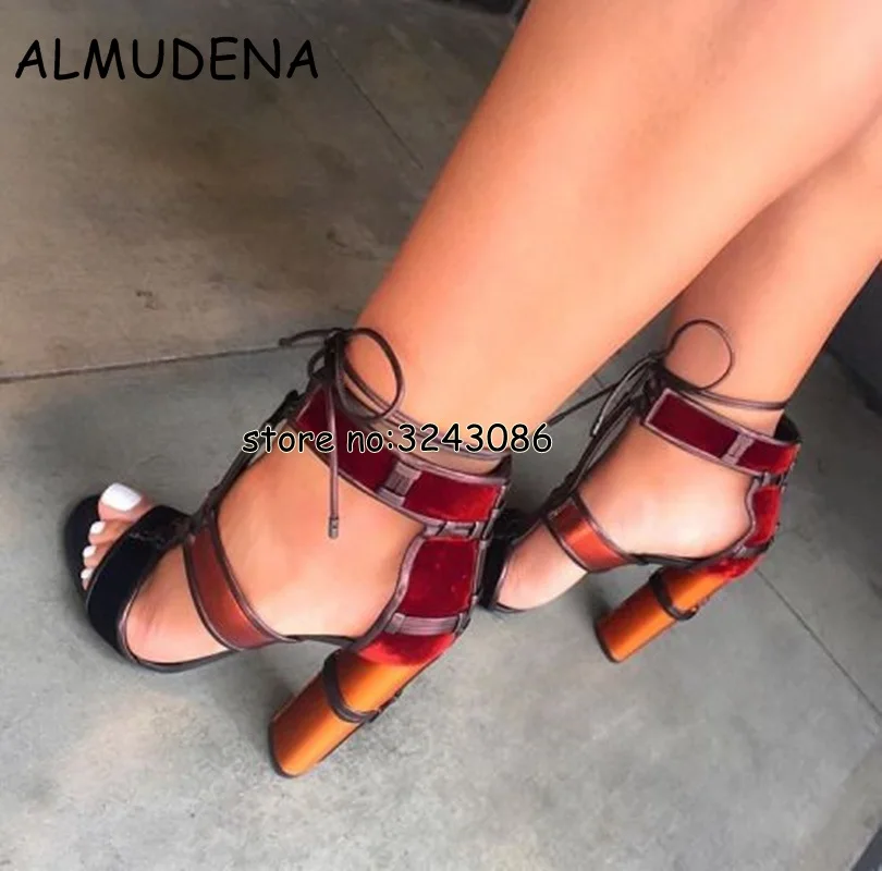 Hot Sale Lace Up Velvet Suede Women Patchwork Sandals Ankle Wrap Chunky Heels Sandals Shoes T-strap Lady High Heels Shoes