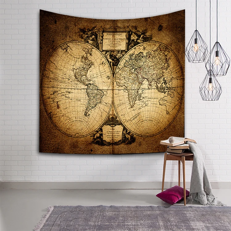 Comwarm Vintage Middle Ages World Map Series Pattern Wall Hanging Renaissance Printed Mural Gobelin Warm Room Decor Art