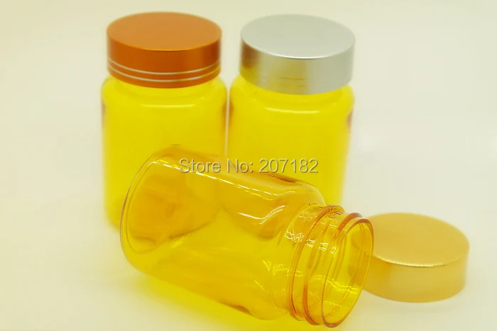 (100PCS/Lot) 80ML/80CC Translucent Yellow with Metal Gold Cap Plastic Bottle, Sample Bottle, PET Pill Bottle