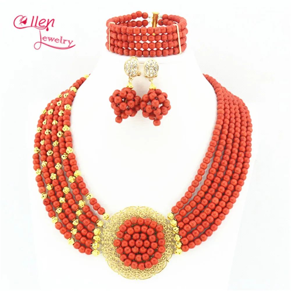 

Red Luxury African Nigerian wedding bridal beads beaded necklace jewelry sets india dubai women jewelry sets W3221