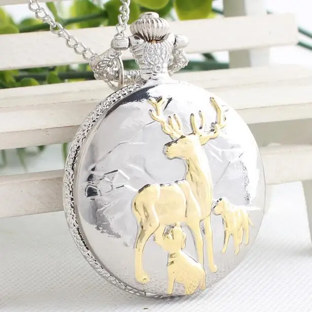 New quartz Silver and gold deer steampunk Fashion quartz pendant Flip clock Necklace pocket watches gift