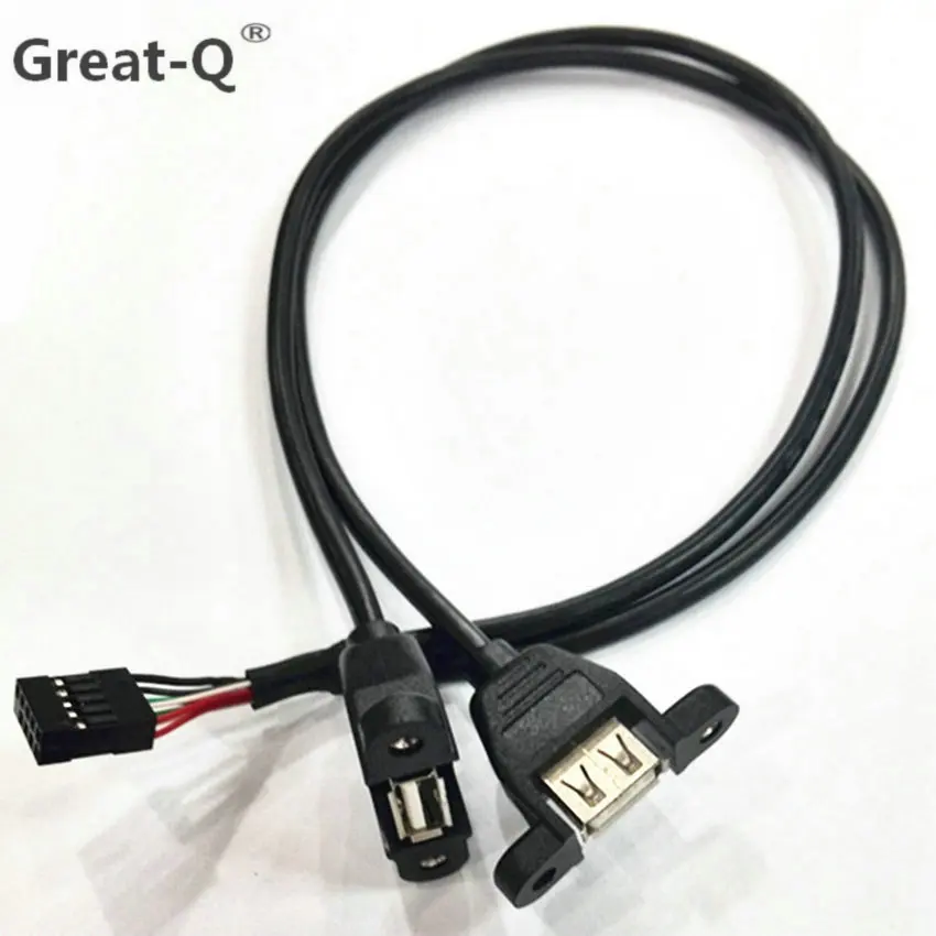 Great-Q 5Pcs/Lot Dual USB 2.0 Port Female TO Motherboard 9 pin Cable Adapter cord 50CM