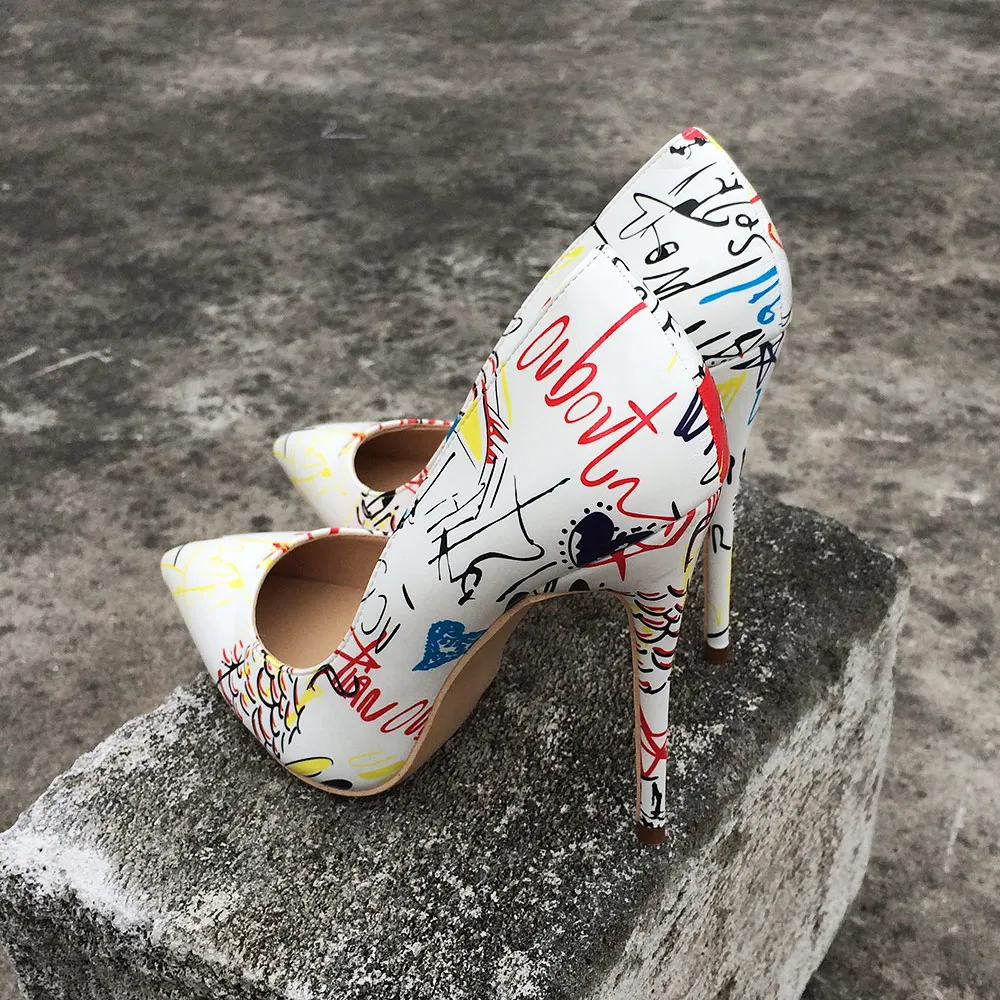 Veowalk Artistic Graffiti Printed Women Sexy Stiletto High Heels Ladies Wedding Party Pointed Toe Pumps Shoes Customized Accept