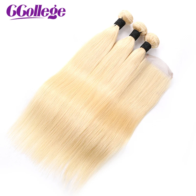 

CCollege Hair Extension Brazilian Hair Weave Bundles #613 Blonde Bundles With Closure Straight Human Hair Bundles With Closure