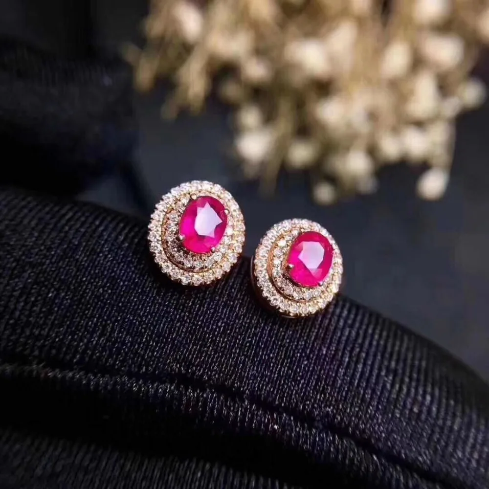 Natural ruby stud earring Free shipping Original real ruby 925 sterling silver 4*6mm*2pcs gemstone For men or women