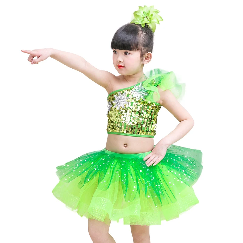 Children green Jazz Hip Hop Dance Dress Sequins Kids Latin Modern Dance Catwalk Costumes Stage Performance Ballroom Dancewear