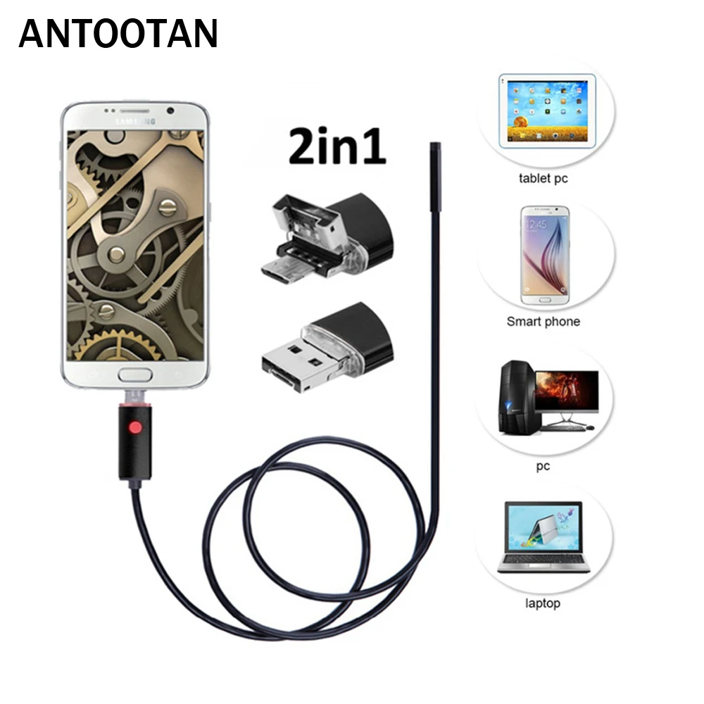 

5.5mm Lens 2IN1 Android USB Endoscope Camera 1/m/2m/5m Snake Wire Borescopes For Android Phone And PC For Pipe Car Repair