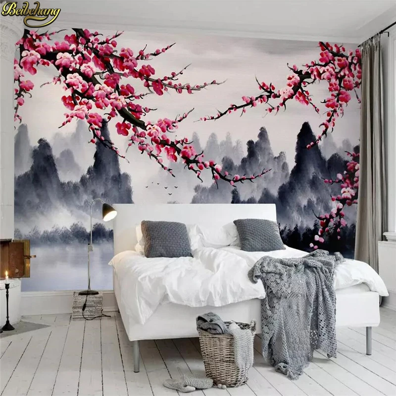 beibehang Custom wallpaper mural new Chinese ink landscape plum TV background wall papers home decor papel de parede 3d