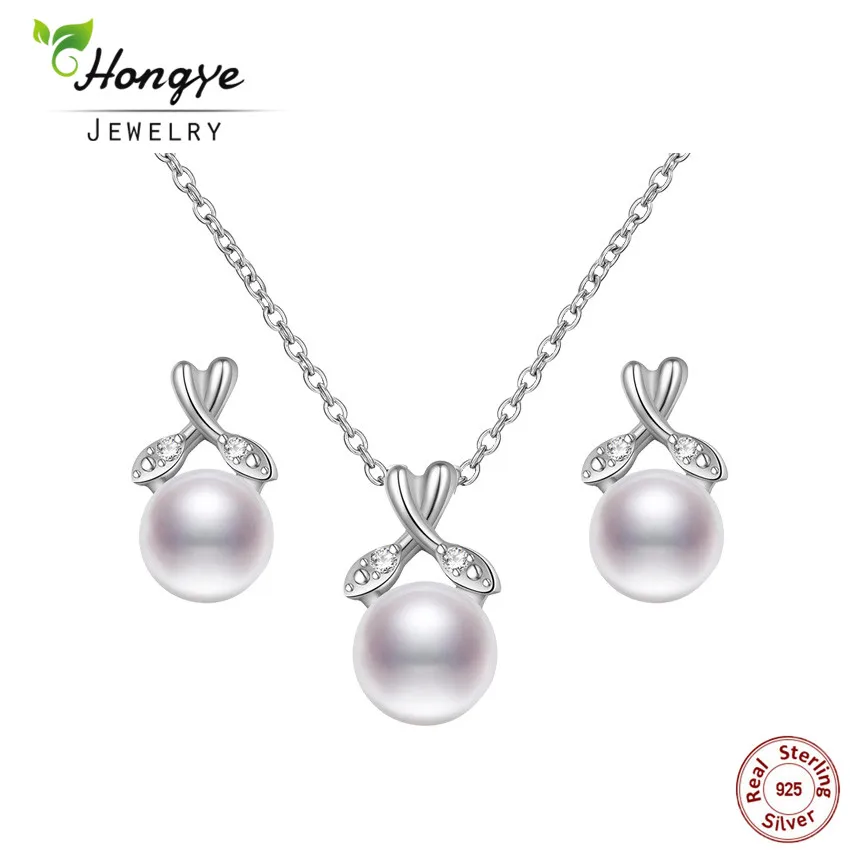 

Hongye 2020 Hot Selling Freshwater White Pearl 925 Sterling Silver Necklace&Stud Earring Jewelry Sets for Women Girl for Gifts