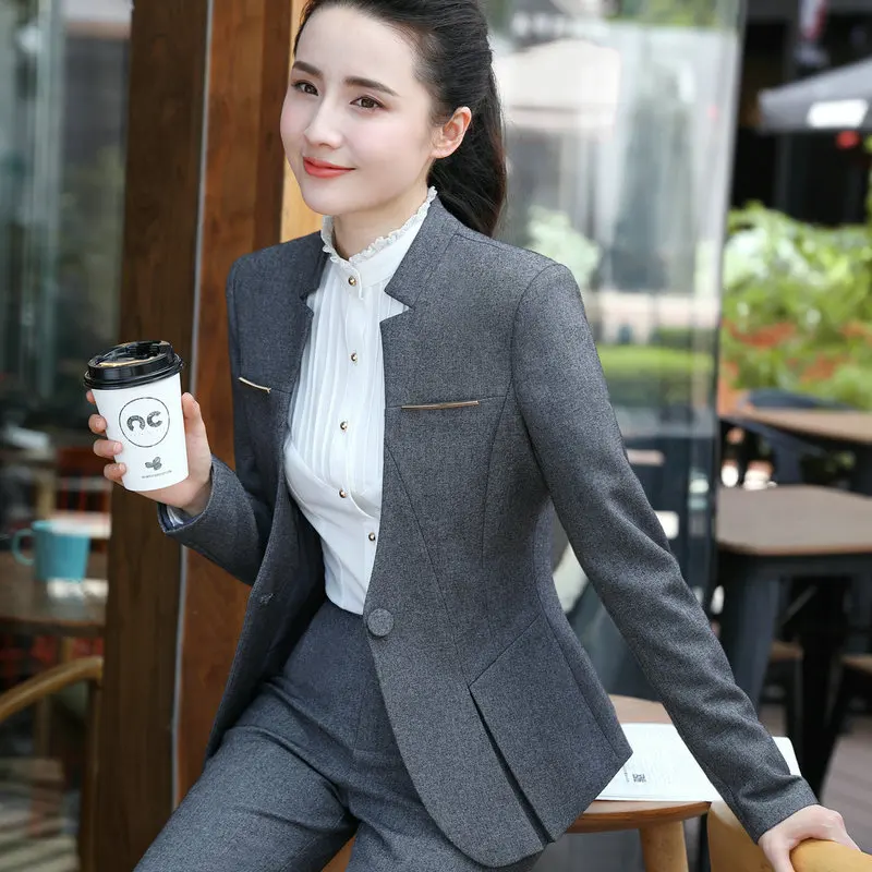 

IZICFLY Spring Autumn Gray Blazer And Pants Set For Women Uniform Ladies Suit With Trouser Elegant Slim Business Work Wear