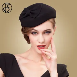 FS 100% Wool Black Pillbox Hats Fascinator For Women Elegant Wedding Felt Fedora Hat Derby Tea Party Formal Ladies Church Hats