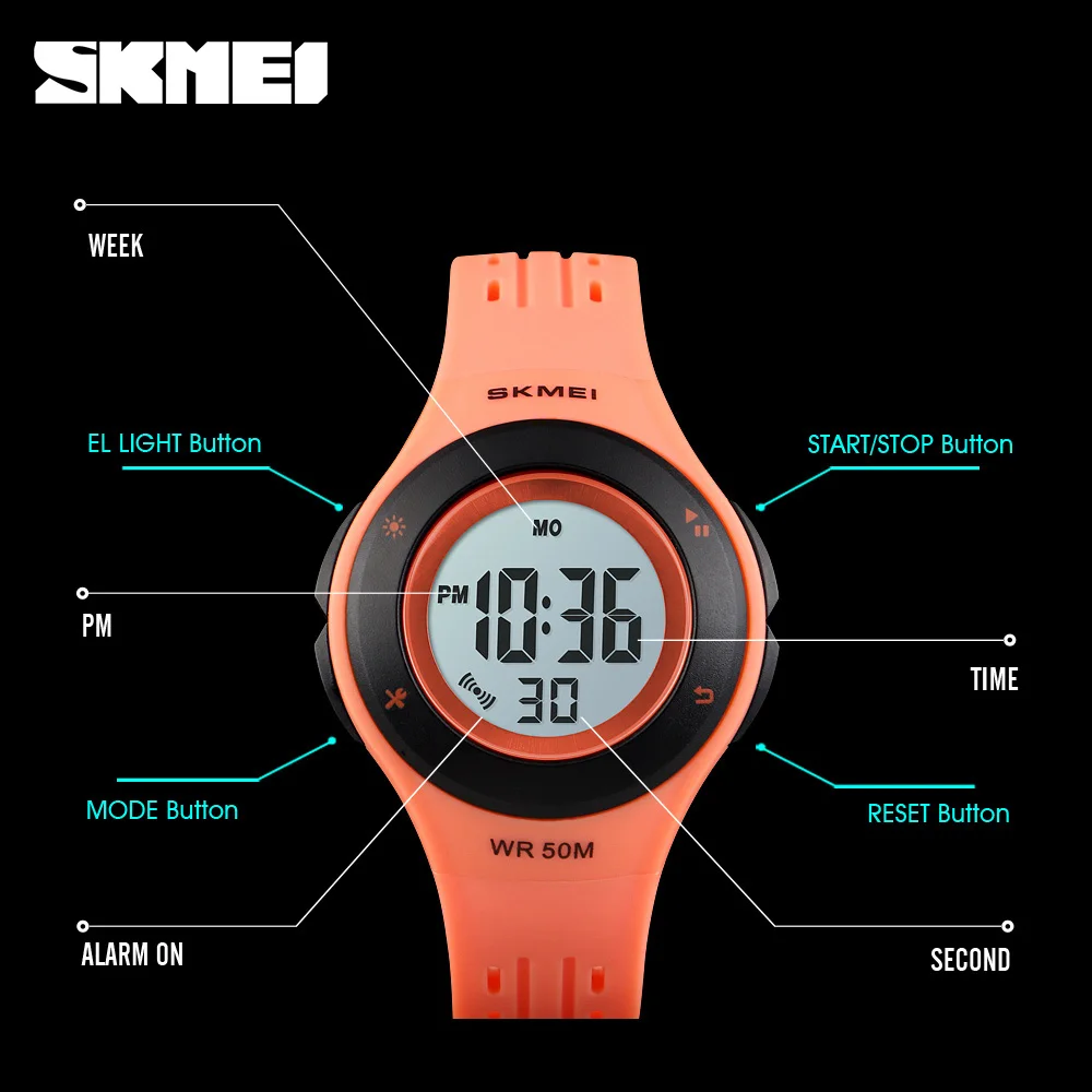 SKMEI Fashion Back Light Children Watches 5Bar Waterproof Sport Stopwatch Kids Wriswatch For Boy Girl Digital Alarm Date Clock