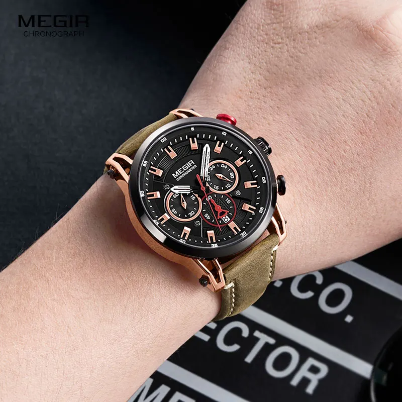 Megir Men\'s Chronograph Quartz Watches Leather Strap Clock Sportz Army Wristwatch for Man Relogios Masculino 2085 Rose Black