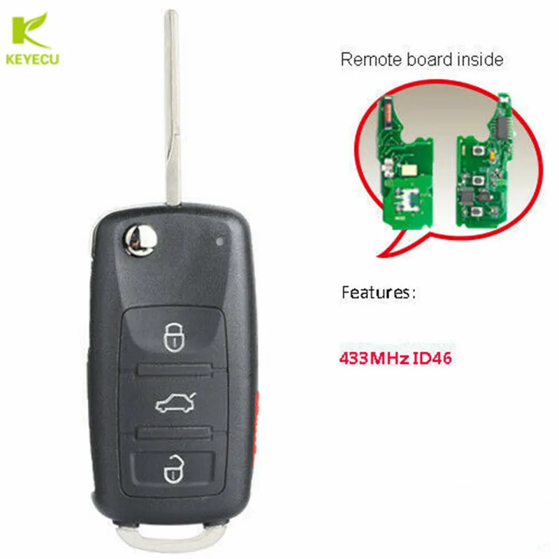 KEYECU Replacement Flip Remote Key 433MHz ID46 Chip KR55WK45022 for Audi A8 2003-2007,for Volkswagen Touareg Phaeton 2003-2010