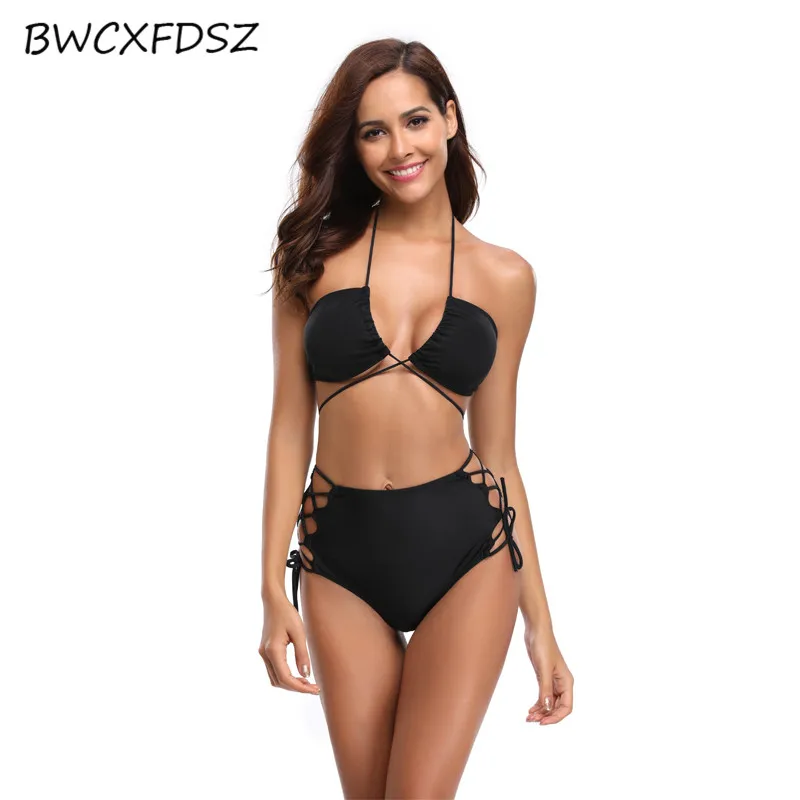 

BWCXFDSZ New Bikini Biquini Swimsuit Female Swimwear 2018 Bandage High Waist Cut Out Swimming Bathing Suit Women Beach Swim Wear