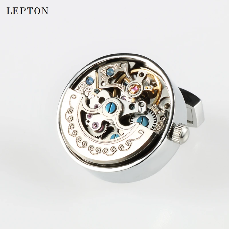 Low-key Luxury Functional Watch Movement Cufflinks Lepton Stainless Steel Steampunk Gear Watch Mechanism Cufflinks for Mens