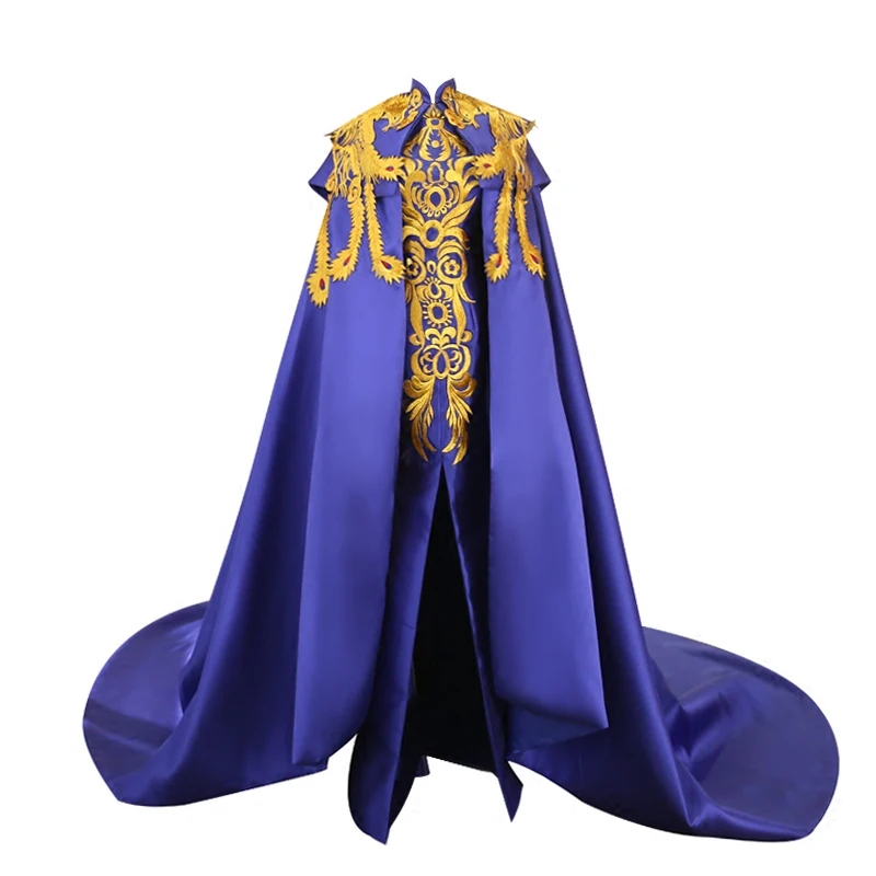 100%real luxury royal blue golden peacock/phoenix golden embroidery beading long cloak with dress gown cosplay/studio/stage